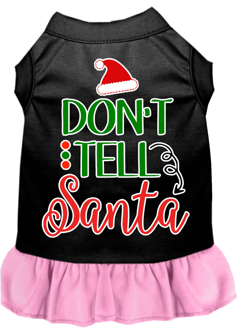 Don't Tell Santa Screen Print Dog Dress Black with Light Pink Lg